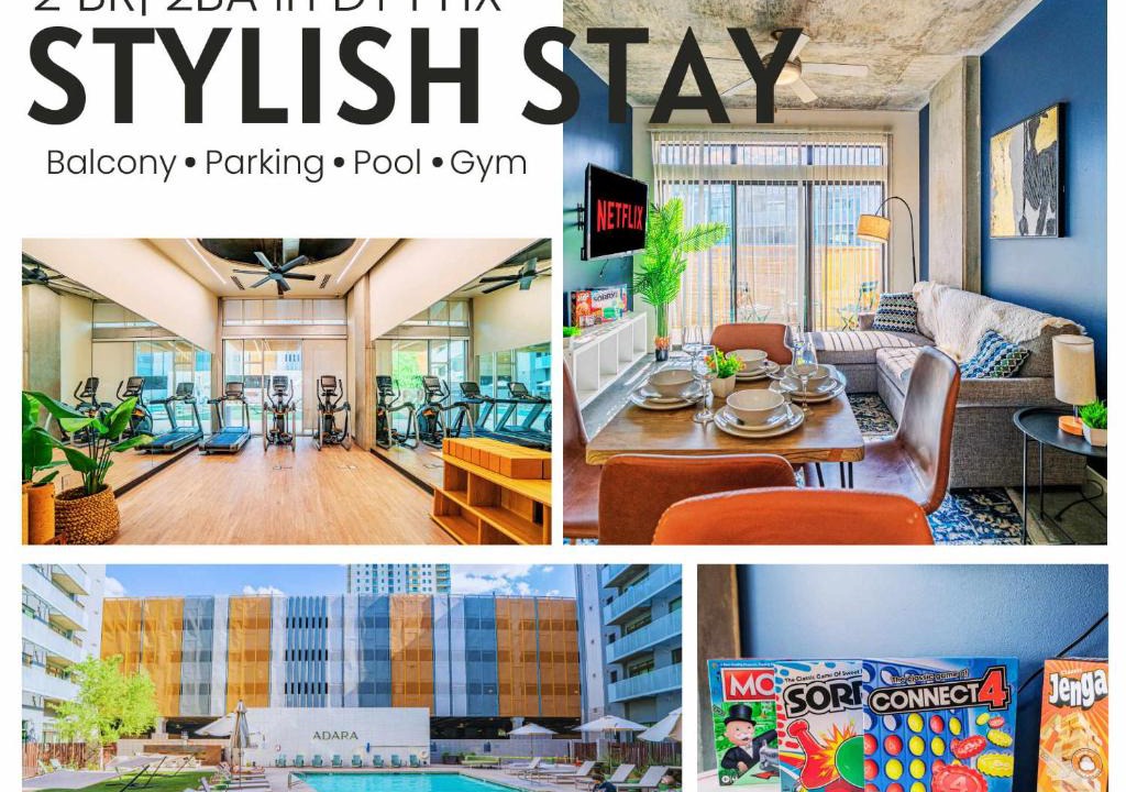 Evans Churchill Apartment | 2BR Roosevelt Row Gym Pool Parking Sleeps 8