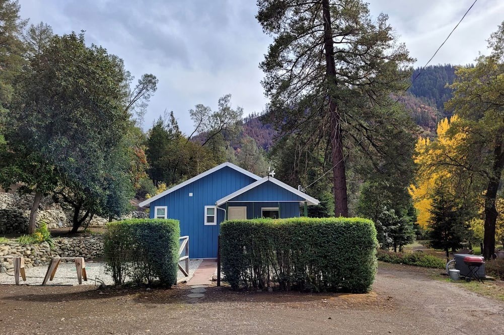 Big Bar House | Beautiful Blue Cabin Nestled on a Hill with Beautiful Mountain Views for a Relaxing Getaway by the Trinity River in California