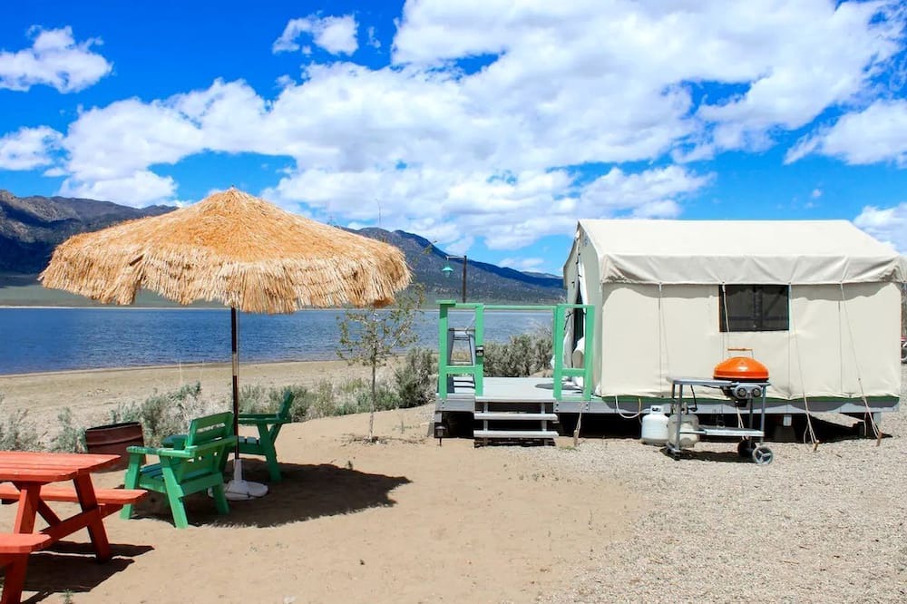 Bridgeport RV Rental | Beautiful Tented Cabin with Stunning Reservoir Views for a Unique Glamping Getaway in Bridgeport, California