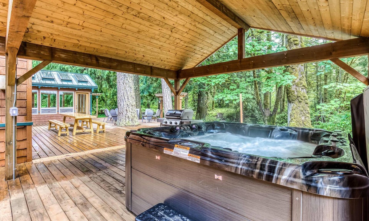 Mount Hood Village House | Dog-friendly creekside home with entertainment barn, private hot tub & firepit