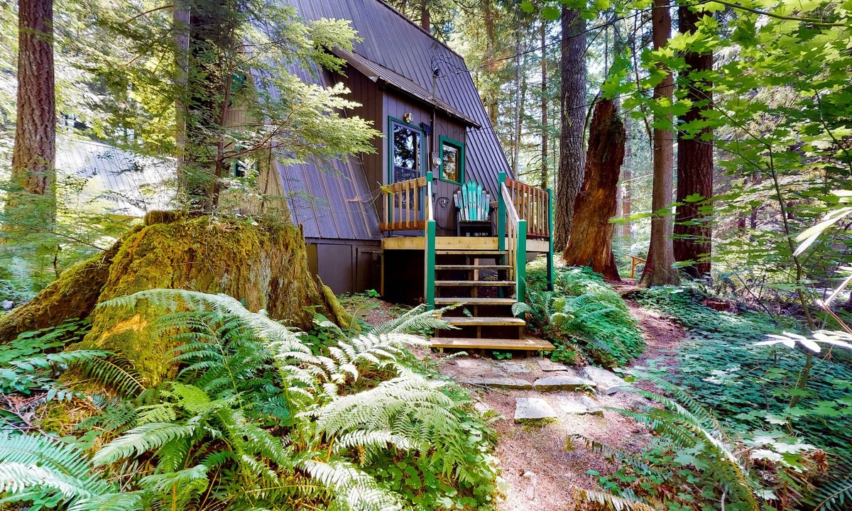 Rhododendron Cabin | Hilda’s Briarwood Escape | A-frame in Rhododendron with fireplaces & forest view