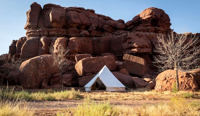 Rustic Family Glamping Tent for Outdoor Adventure Lovers by the Colorado River in Moab, Utah