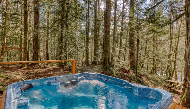 Rustic lodge with private hot tub, fireplace & riverfront views - dog-friendly